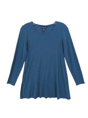 EILEEN FISHER 100% Silk Blue Tee Long Sleeve Stretch Side Slits Size PP